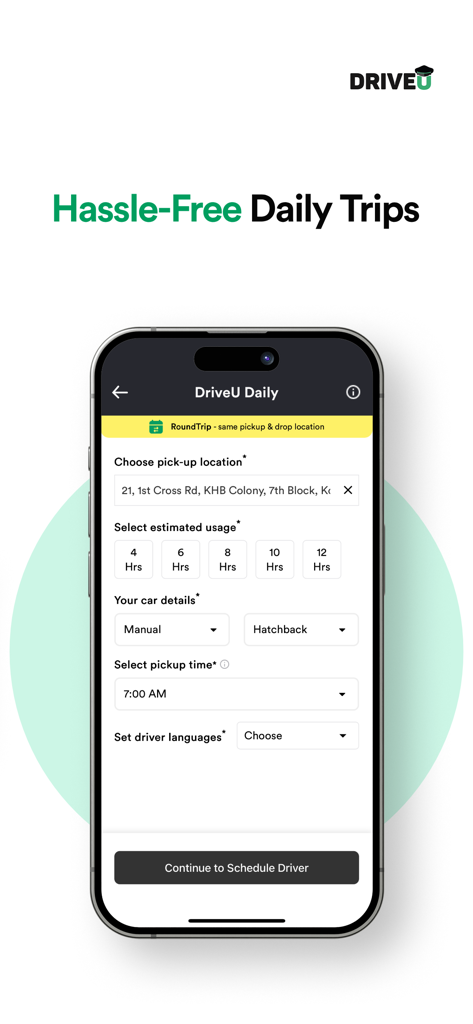 DriveU: Car Drivers & Services - Smartphone screen showing the DriveU app interface for scheduling a daily driver trip