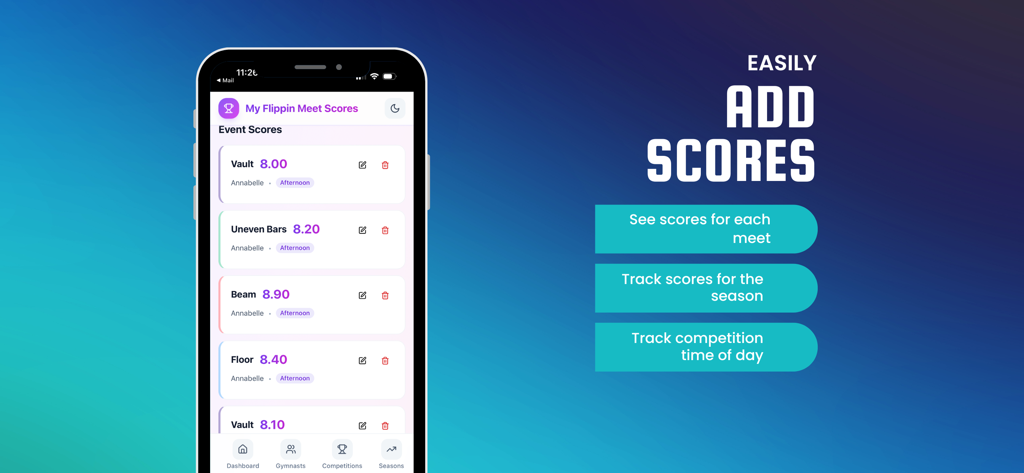 My Flippin Meet Scores - Interface of the My Flippin Meet Scores app displaying gymnastics scores for vault, uneven bars, beam, and floor events