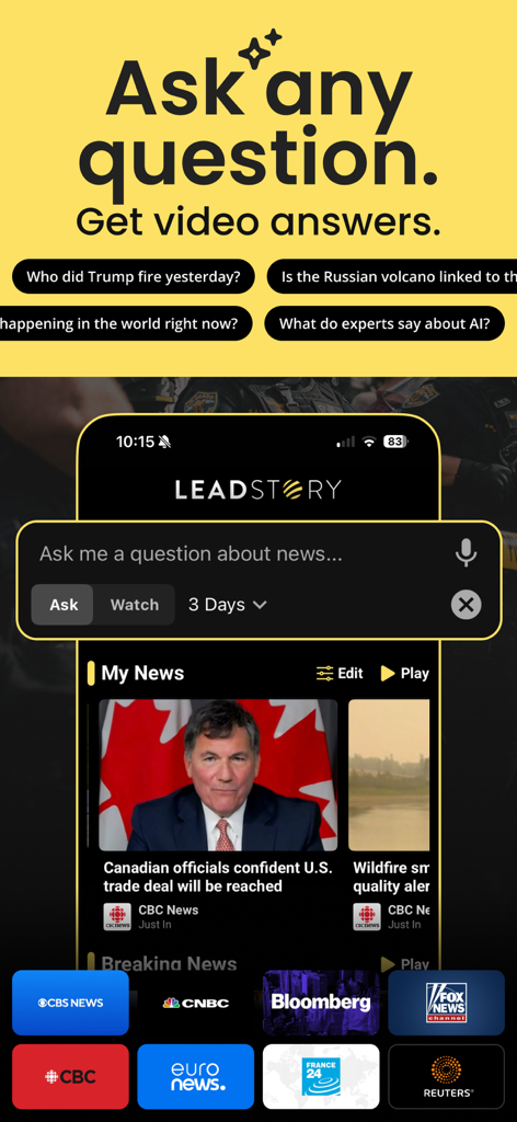 LeadStory - LeadStory app interface highlighting AI powered news search for video answers with various news source logos