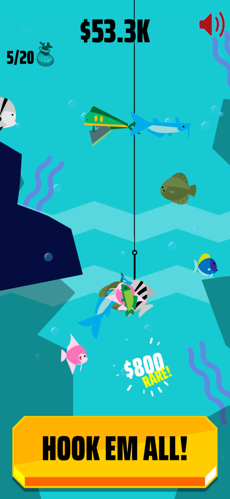 Gameplay of Go Fish mobile game showing a hook catching multiple colorful fish underwater