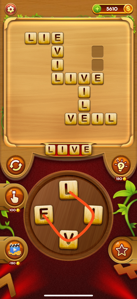 Word Connect: Word Link Quest - Word Connectのモバイルゲームスクリーンショット。クロスワードパズルのグリッド内で単語を形成する木製レターブロックを特徴としています。