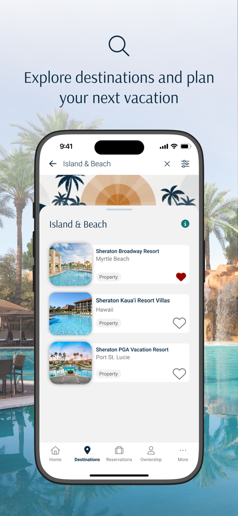 Sheraton® Vacation Club - Sheraton Vacation Club app screen showing a list of island and beach resort destinations for trip planning.
