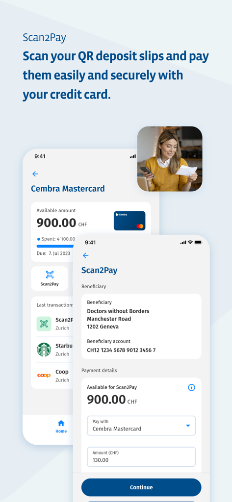 Pantalla de la función Scan2Pay de la App Cembra mostrando el pago de un comprobante de depósito QR con una Mastercard