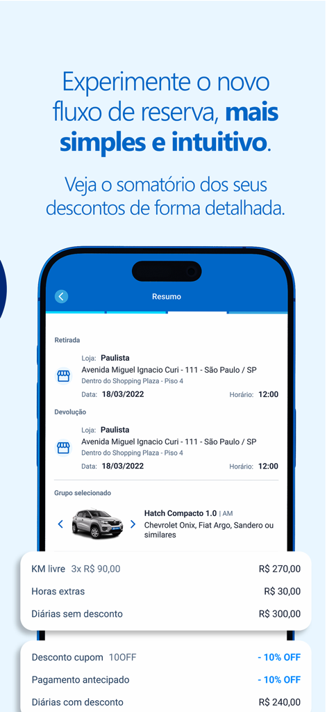 Unidas Aluguel de Carros - 차량 선택 및 가격 내역을 보여주는 Unidas 앱 예약 요약 화면