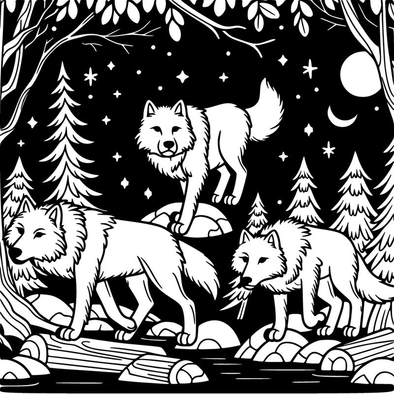 wolves in the night in a forest