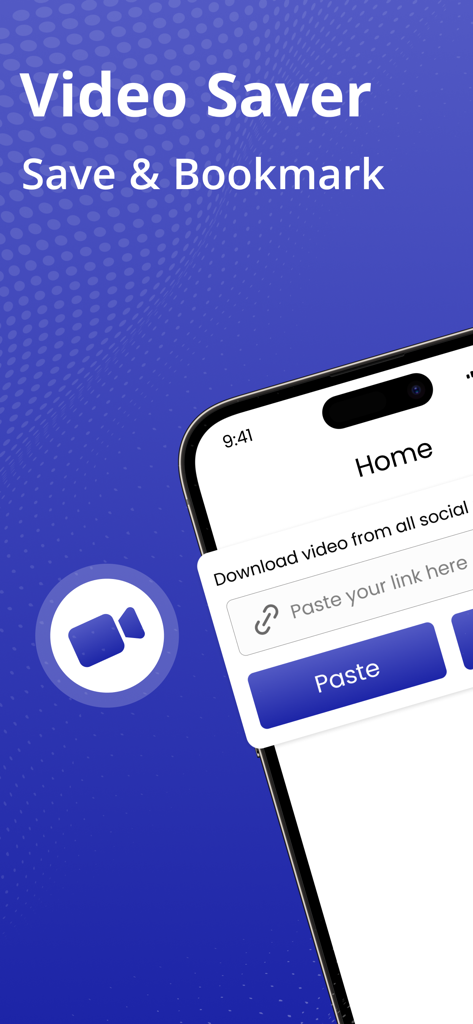 Video Downloader - HD - Home screen of the Video Saver app showing a paste link field to download videos from social media