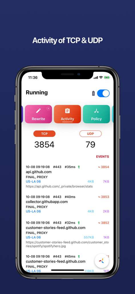 Quantumult X interface showing real-time TCP and UDP network request logs for developers