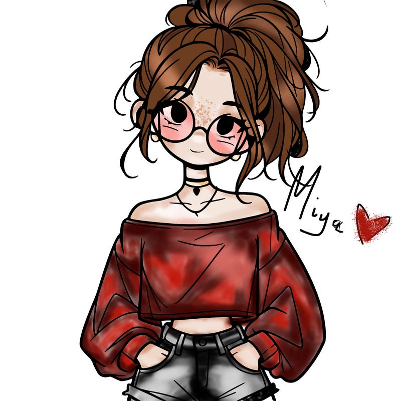 girl with a messy ponytail glasses a baggy crop top and jean shorts