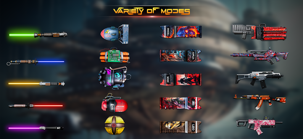 Gun Sound Simulator - Fake Gun - Selection screen showing various weapon modes like lightsabers, tasers, and guns