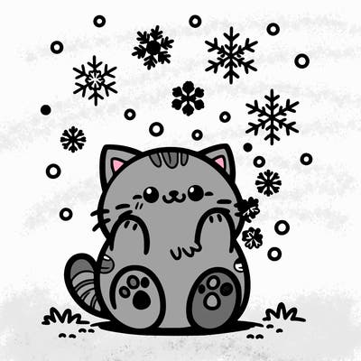 cute cat catching snowflakes with its paws.