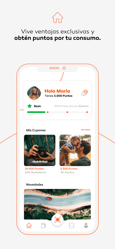Mundo Galp - Interface do aplicativo de fidelidade Mundo Galp exibindo pontos do usuário, status de nível e cupons de recompensa disponíveis.