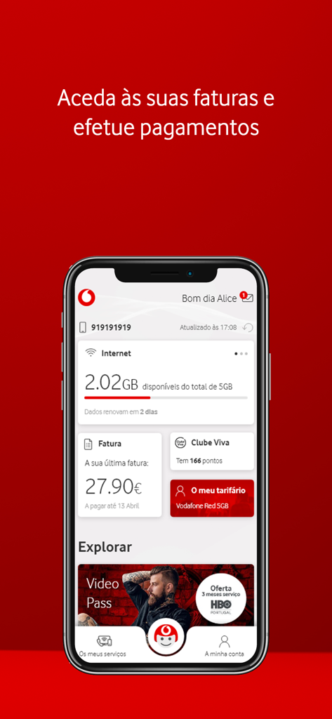 Panel de la aplicación My Vodafone Portugal que muestra el consumo de datos y los detalles de pago de facturas.