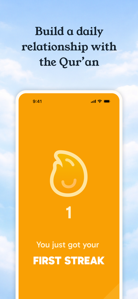 Yawm: Daily Quran Habit - Yawm app interface displaying a one day streak milestone for Quran reading