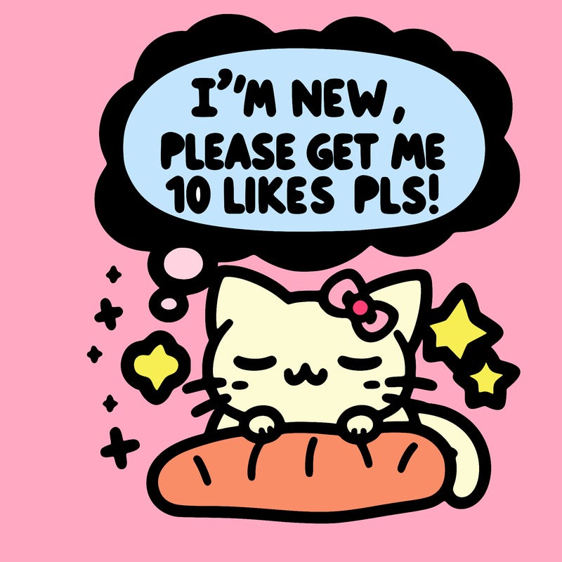 kitty taking a nap dream talking and saying "i'm new, please get me at least 10 likes pls!!"