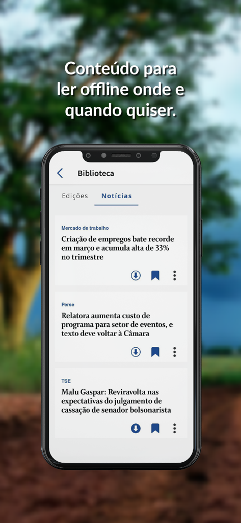 O Globo app library screen showing news articles with offline reading options.