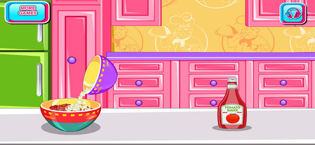 A cooking game scene where ingredients are poured into a mixing bowl next to a bottle of tomato sauce in a pink kitchen.