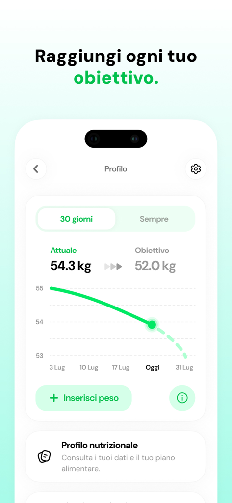 olivia: ricette su misura - Olivia app weight loss progress graph showing goal and current weight tracking