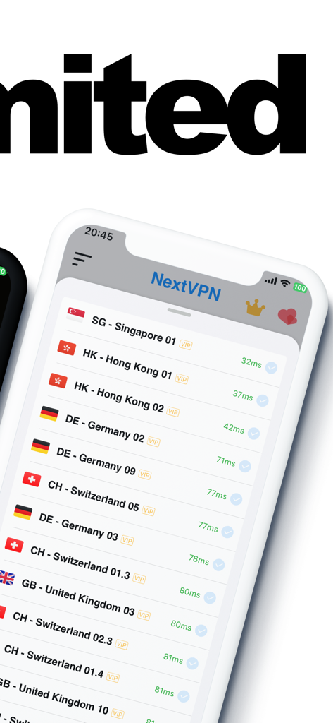 NextVPN app screen showing a list of international servers with ping times