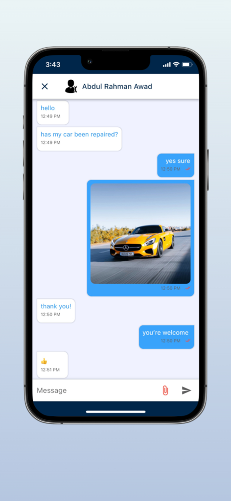 My Car App Vendor - In-app chat screen showing a conversation between a car vendor and a customer about a vehicle repair.