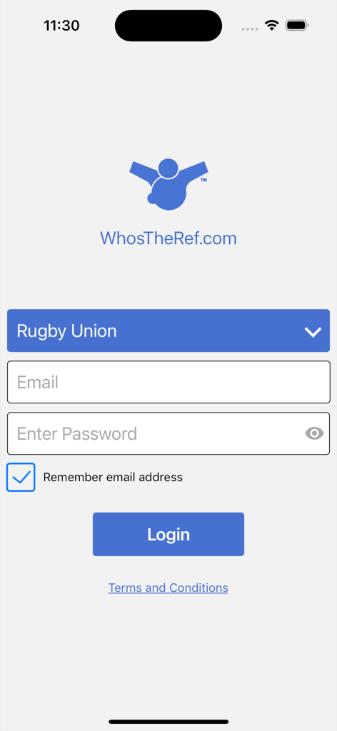 Login interface for the WhosTheRef sports officiating app featuring sport selection and account credentials fields