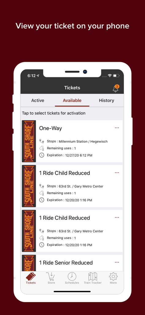 South Shore - South Shore Line mobile app screen showing a list of purchased tickets ready for activation