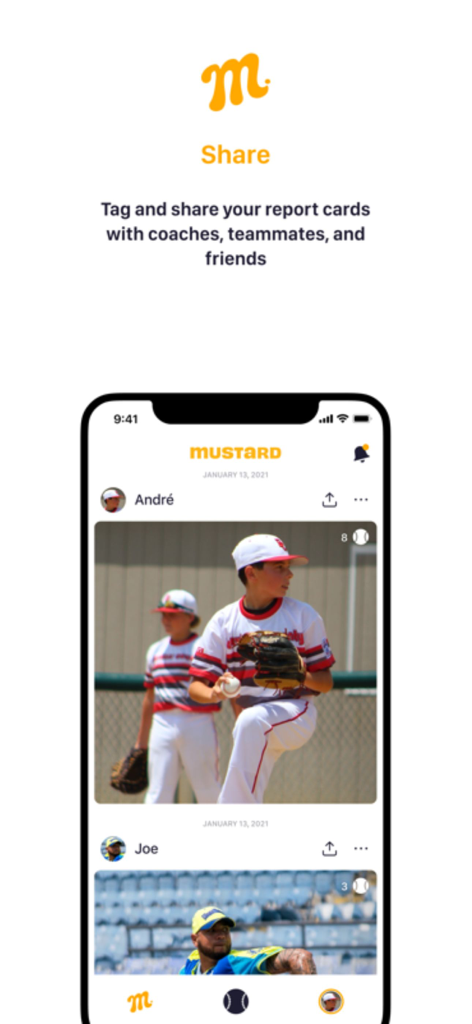 Pantalla para compartir de la aplicación Mustard Pitching que muestra un feed de videos de jugadores de béisbol y boletas de calificaciones