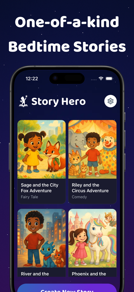 Story Hero: AI Reading App - Story Hero app home screen displaying a library of colorful AI generated bedtime stories for children on an iPhone