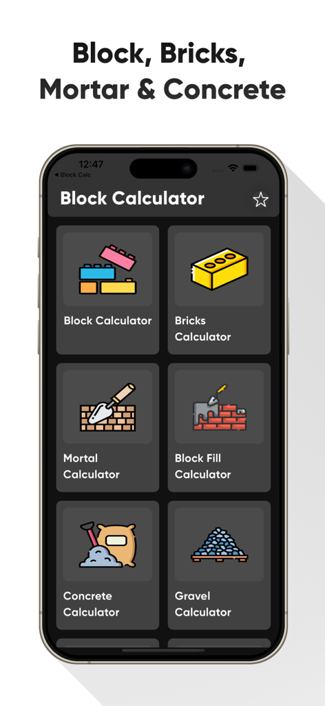 Home screen of the Block Calculators mobile app displaying a menu of construction estimation tools for blocks, bricks, mortar, and concrete.