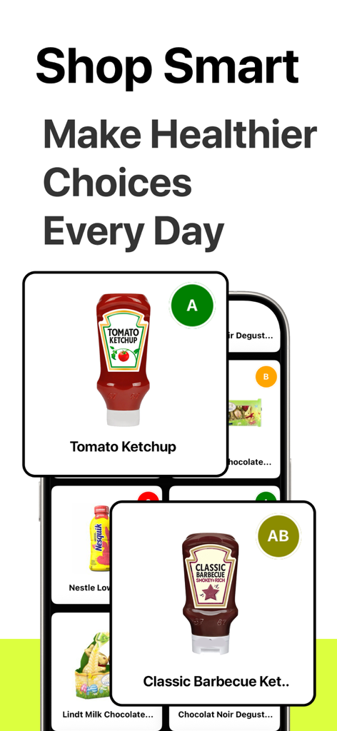 The Yucca App interface displaying health grades for common food products.