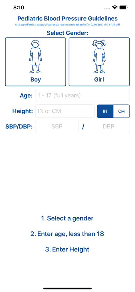 Interface of the Pediatric Blood Pressure app showing fields for gender age and height