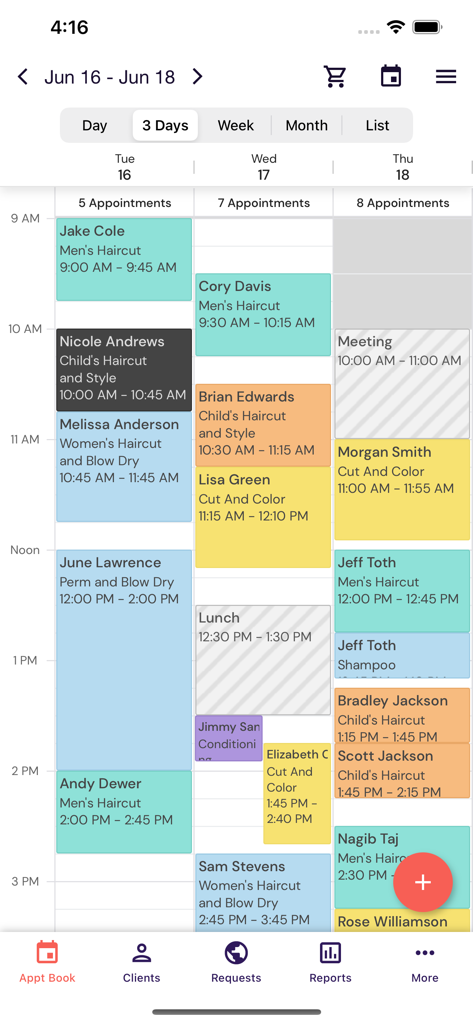 Oberfläche der DaySmart Remote Access App mit einem dreitägigen Terminplan für ein Salonunternehmen