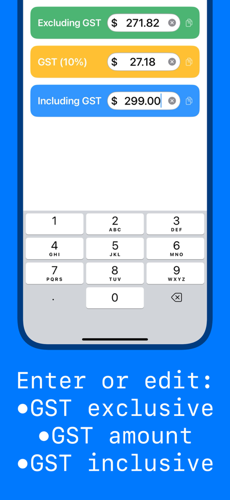 Australia GST - Tax Calculator - オーストラリアGST税金計算機アプリのインターフェース。GST非課税金額と課税金額の入力フィールドが表示されています。