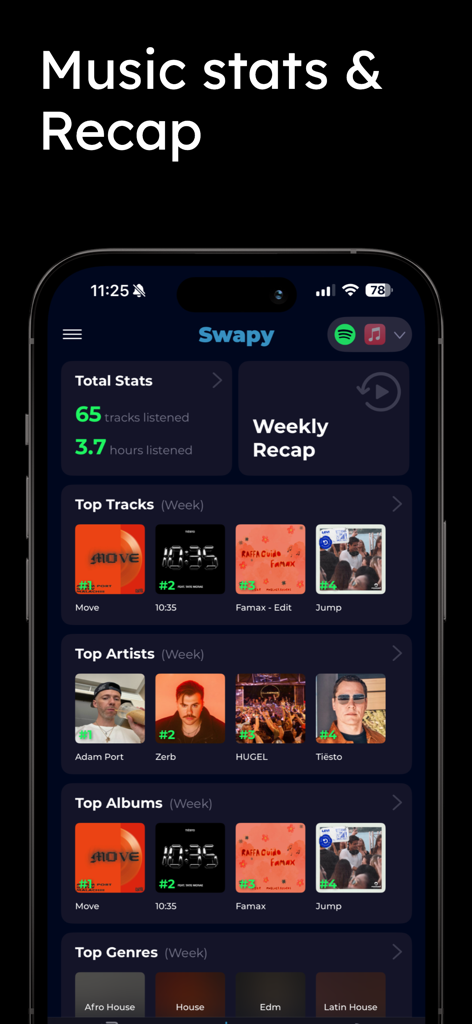 Music transfer & stats: Swapy - Interfaz de la aplicación Swapy que muestra estadísticas semanales de escucha de música, las mejores canciones y los mejores artistas