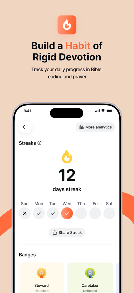 DevotionHub: Daily Devotionals - DevotionHub app interface showing a 12 day streak for daily Bible reading and prayer progress tracking