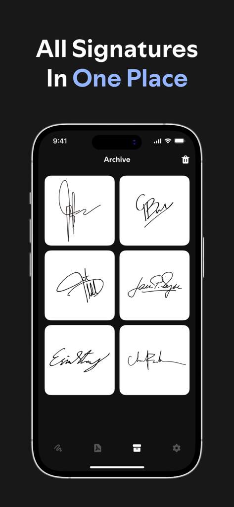 Sign AI - Signature Maker Pdf - Interfaz del archivo de firmas digitales mostrando varios estilos de firmas profesionales