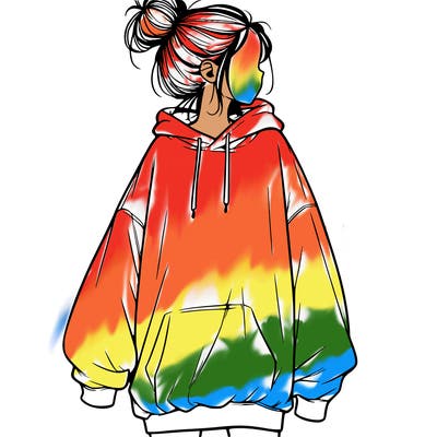 realistic girl with a oversized sweatshirt on and a bun