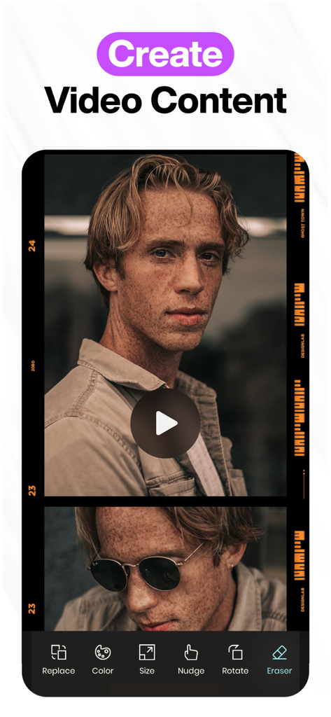 Mobile app interface for creating video content with editing tools like color, size, and rotation.