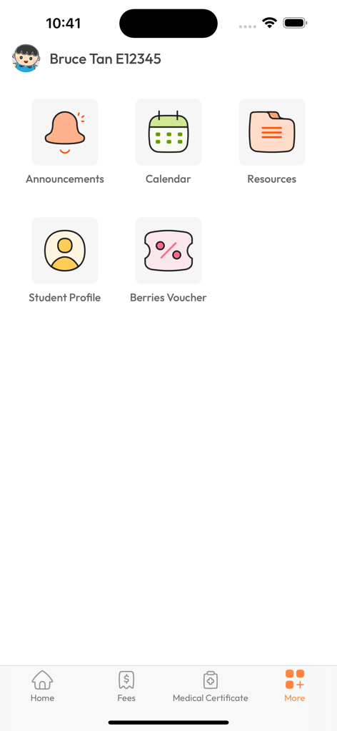 Berries World Parent App - Dashboard of the Berries World Parent App showing the more menu with icons for announcements, calendar, resources, student profile, and vouchers.