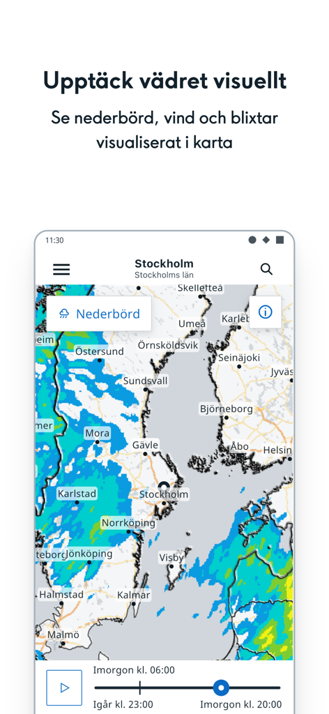 Interfaz de mapa de la aplicación SMHI Väder que muestra la precipitación sobre Suecia