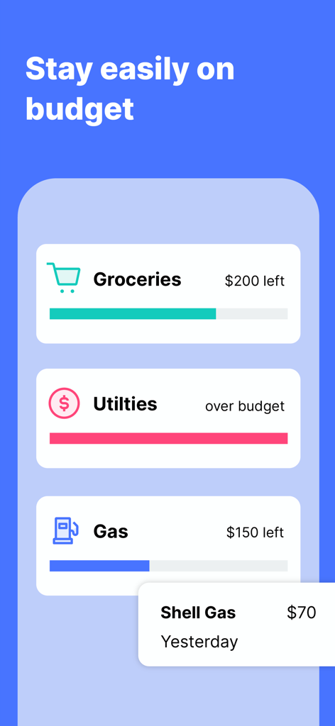 WalletHub app screen displaying budget progress bars for groceries utilities and gas categories