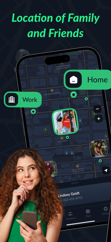 Locate Family & Track Friends - Smartphone screen showing a map with family member locations and custom place alerts for home and work.
