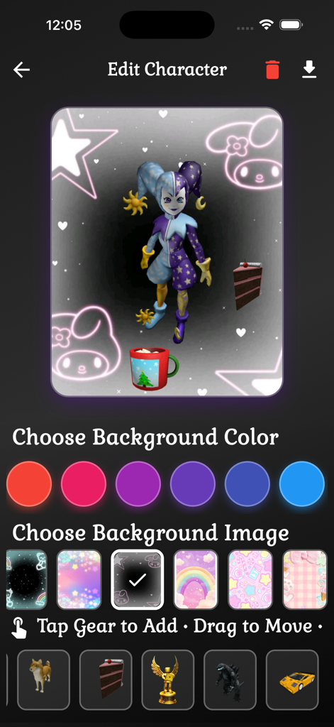 Avatar Skin Master For Roblox - Interface for customizing a Roblox avatar with different backgrounds and collectible items