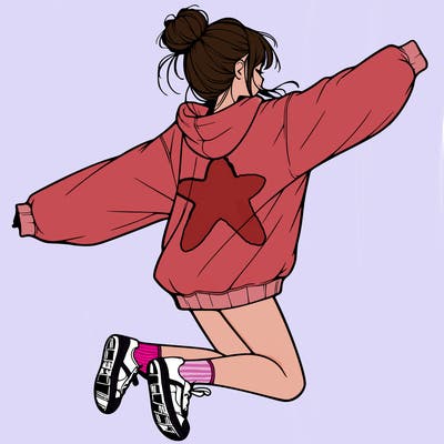 realistic girl jumping with a bun and oversized sweatshirt