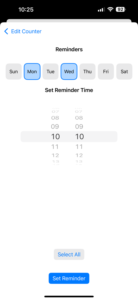 Counter App - Click Tracker - Interface for setting reminder days and times in the Counter App