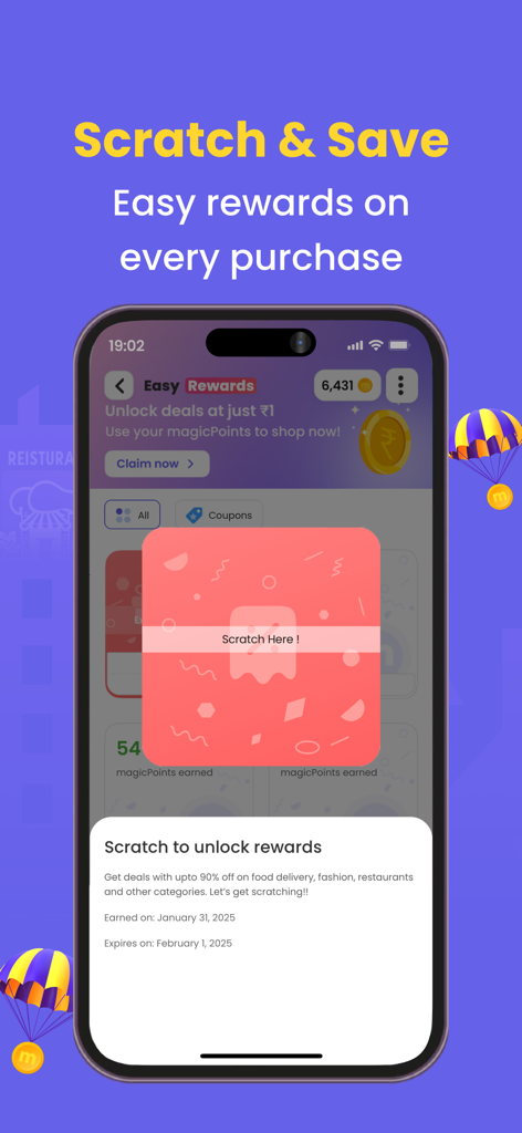 Interface de raspadinha do aplicativo móvel magicpin para ganhar recompensas e descontos