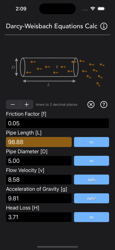Interface of the Darcy-Weisbach Equations Calc app showing fluid dynamics calculation inputs for friction factor pipe length and diameter