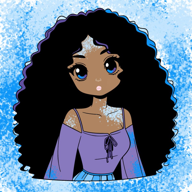 a black anime girl with long afro hair