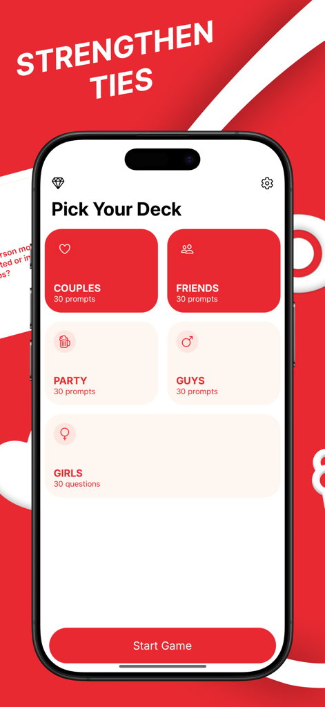 365 Hot: Deep conversations - Interfaz de la aplicación 365 Hot que muestra diferentes mazos de conversación para parejas y amigos