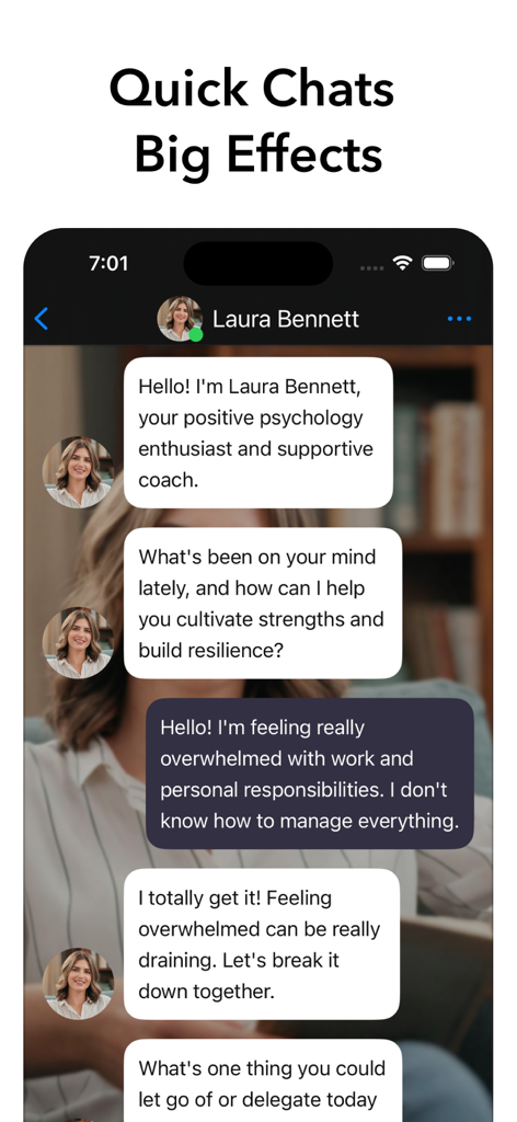 Una conversación de chat con un entrenador terapeuta de IA en una aplicación móvil