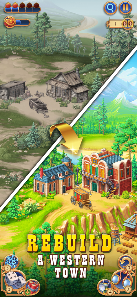 Sheriff of Mahjong: Tile Games - A comparison showing a ruined frontier outpost being restored into a vibrant and colorful Wild West town